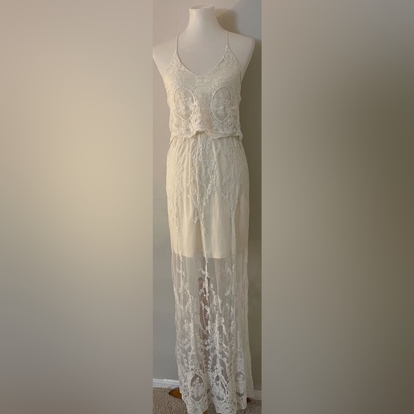 Lace cream colored maxi dress boho castlecore fairycore bohemian lace romantic - Picture 3 of 5